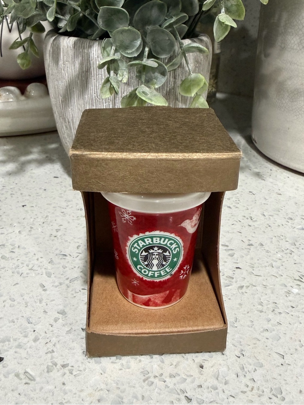 Starbucks 2008 coffee cup ornament In Box red holiday snowflake reindeer